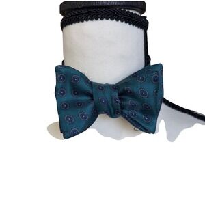 Robert Talbott Pure‎ Silk Bow Tie Teal Blue Medallion Pattern Self Tie